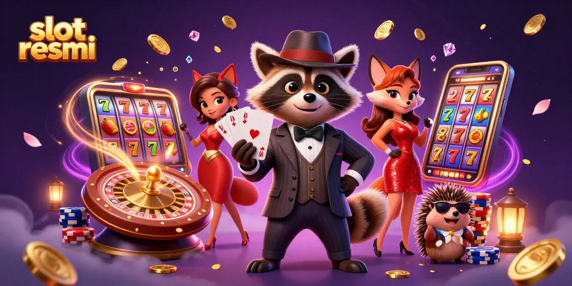 Memenangkan slot resmi dengan rakun jantan bergaya memegang kartu royal flush dan karakter lucu di sekitarnya.