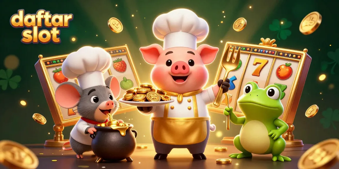 Spin and win with daftar slot symbols in a vibrant 3D casino illustration featuring gold coins.
