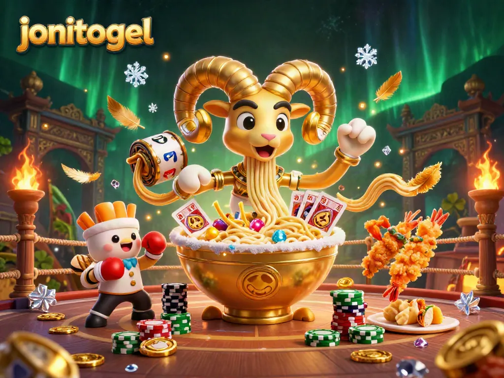 Engage with jonitogel in an immersive gambling scene featuring a giant ramen bowl dealer and dynamic game elements.