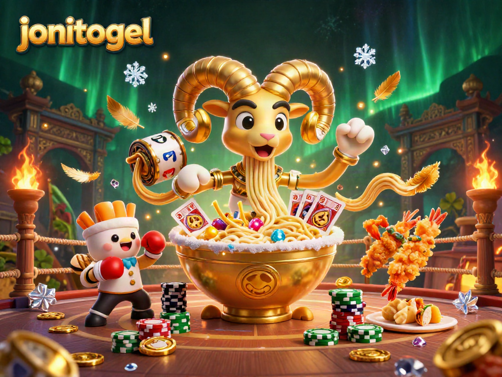 Engage with jonitogel in an immersive gambling scene featuring a giant ramen bowl dealer and dynamic game elements.