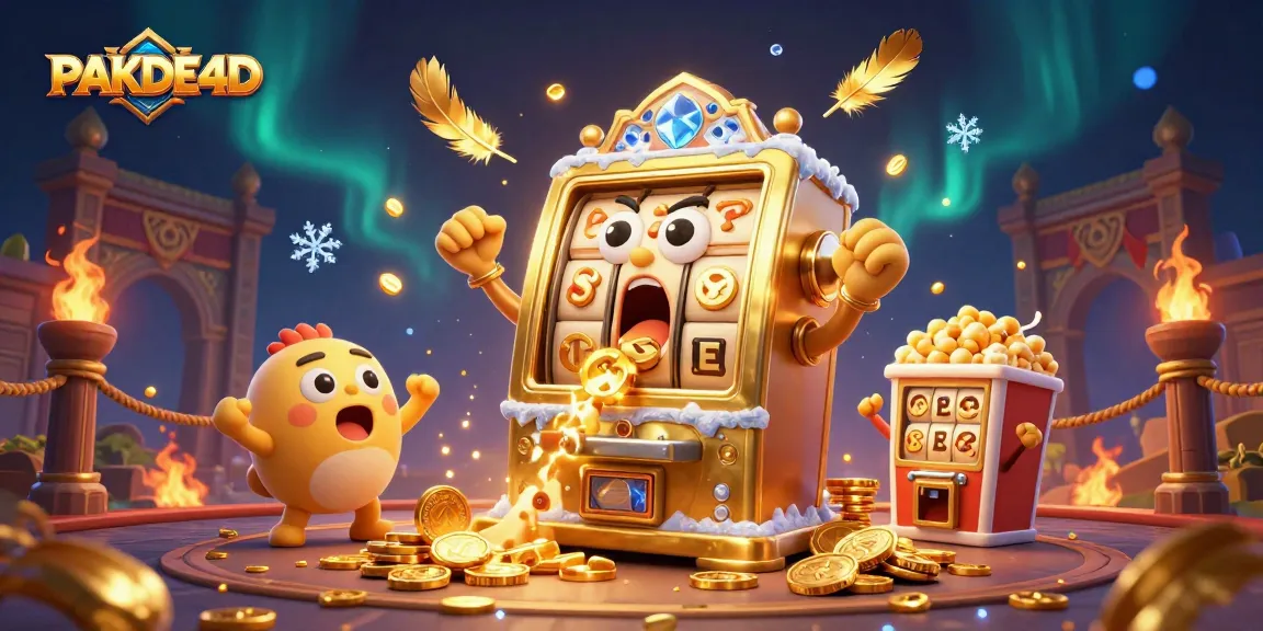 PAKDE4D inspires excitement with a dynamic jackpot celebration scene featuring cheerful slot machines.