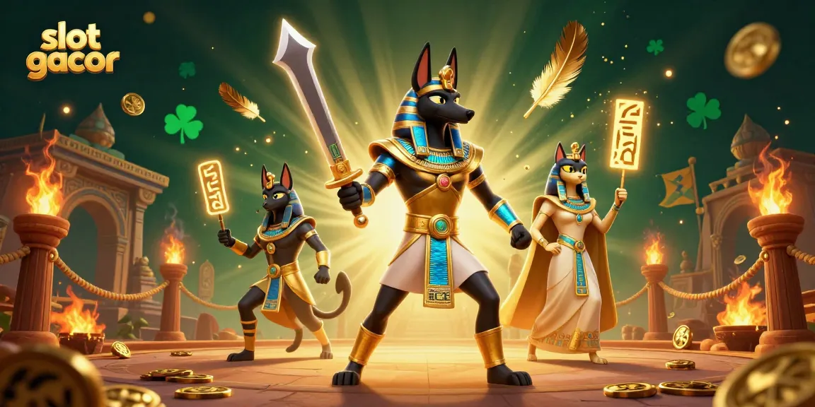 Menangkan pengalaman slot gacor di SEMUAHOKI dengan ilustrasi Anubis dan Bastet dalam suasana kasino yang kaya.