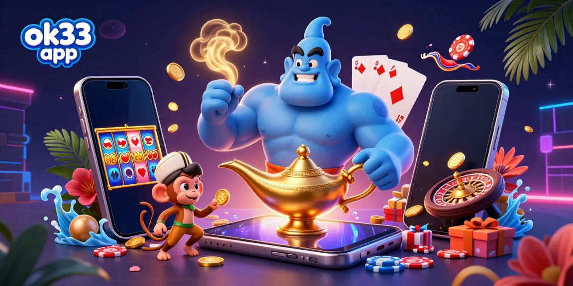 Experience the thrill of the ok33 app with a magical genie and casino elements bursting with action.