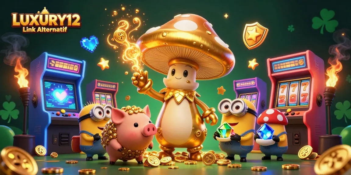 LUXURY12 Link Alternatif showcases a vibrant 3D scene of a golden mushroom wizard with gaming elements, emphasizing winning opportunities.