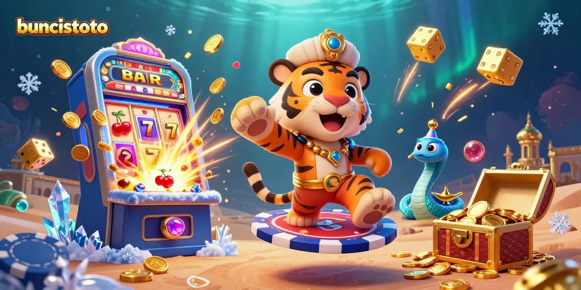 buncistoto menawarkan momen jackpot dalam ilustrasi kasino 3D dengan sultan harimau dan mesin slot bergemuruh.
