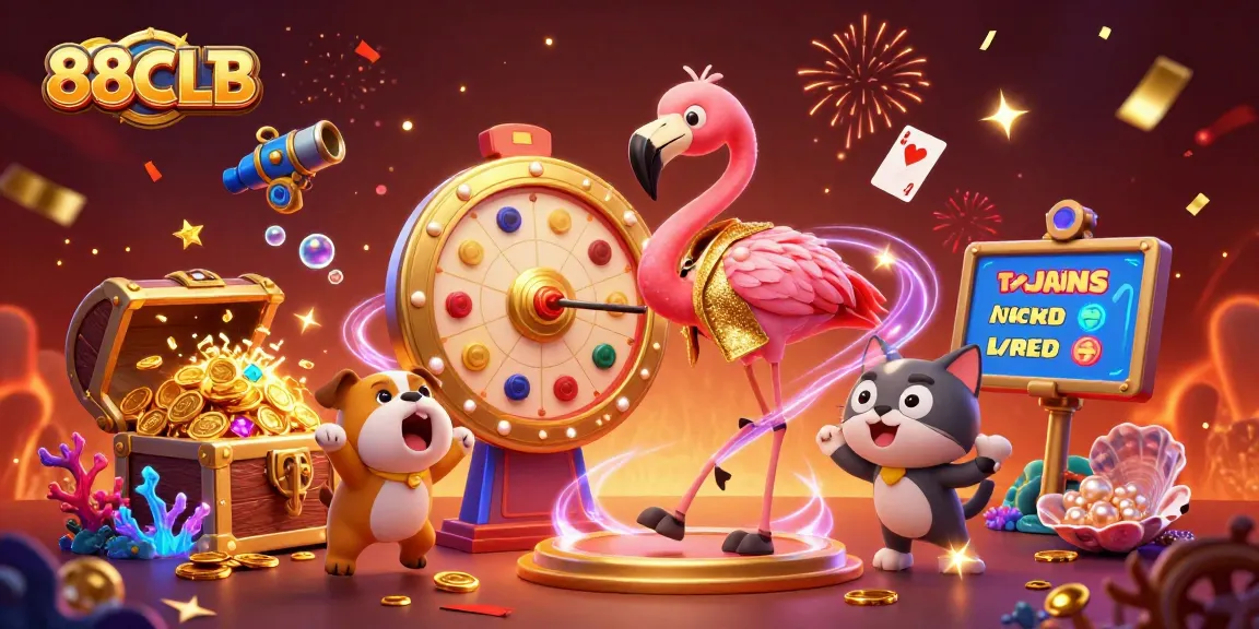 Excited bulldog and flamingo host spinning the prize wheel at 88CLB, surrounded by rich casino elements.
