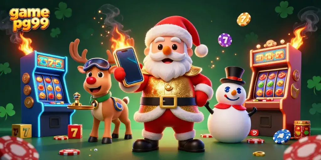 Experience the excitement of game pg99 with Santa, a reindeer dealer, and a poker chip snowman in a vibrant casino.