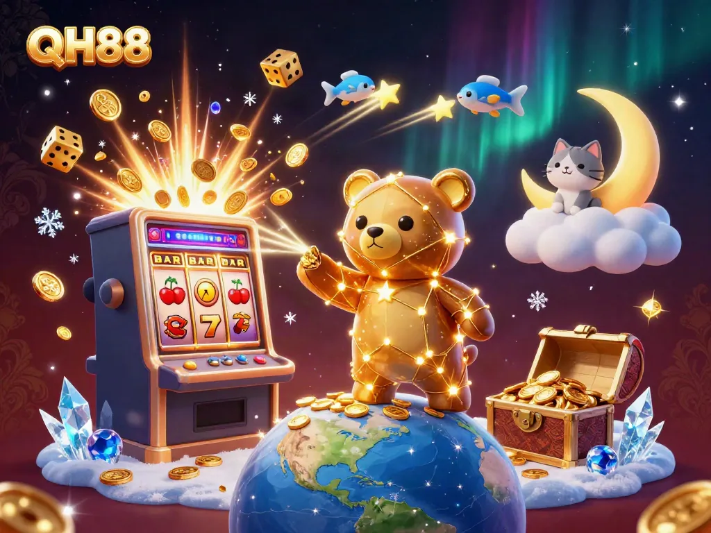 Experience the excitement of QH88 with dynamic slots and casino games in a vibrant 3D illustration.