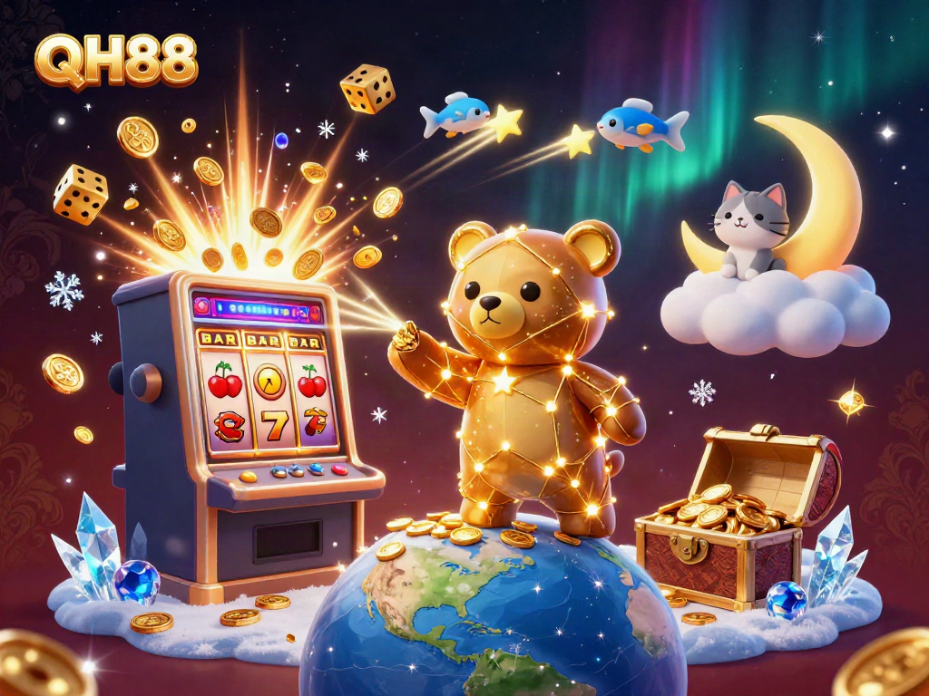 Experience the excitement of QH88 with dynamic slots and casino games in a vibrant 3D illustration.