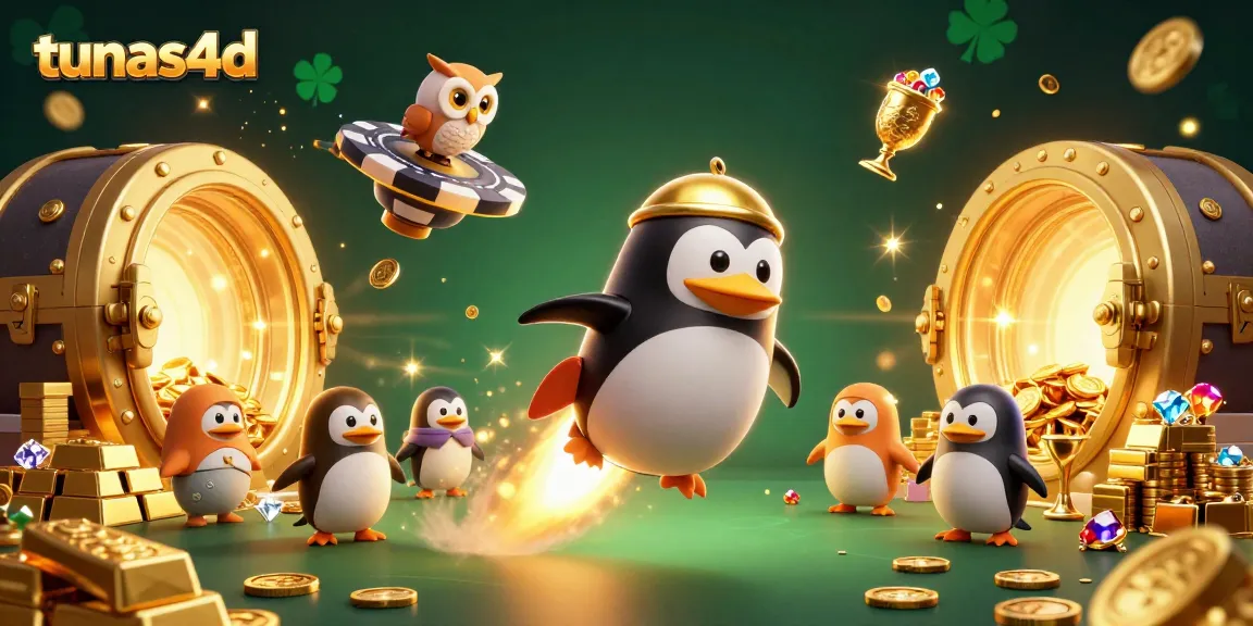 Experience the exciting adventure of tunas4d as a golden penguin navigates a cosmic casino landscape.