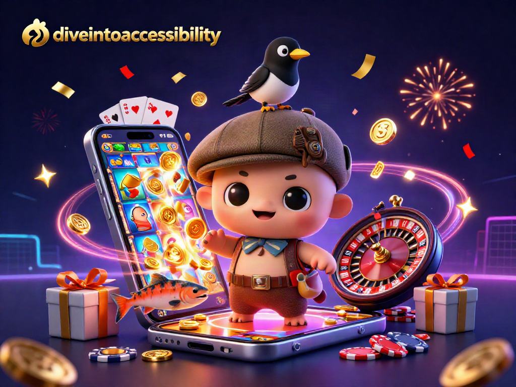 Diveintoaccessibility highlights a playful Nessie, cosmic slot elements, and festive visuals in an engaging casino scene.