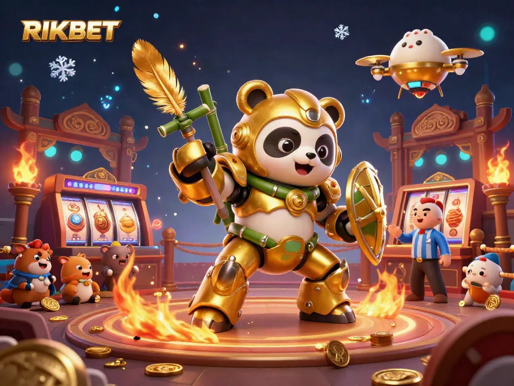 Experience thrilling gaming at RIKBET featuring an action-packed 3D illustration of vibrant casino battles.