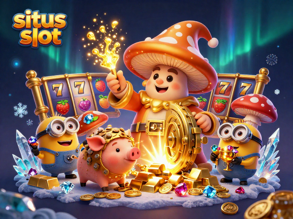 Experience situs slot excitement with a golden mushroom wizard and treasure-filled scene.