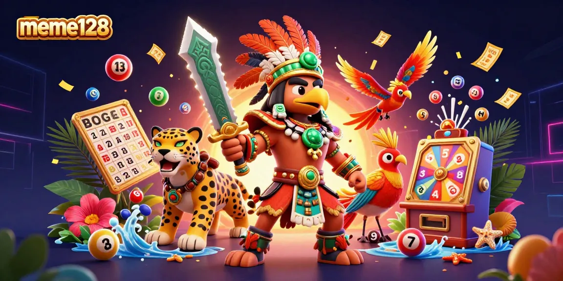 Engage with meme128's thrilling lottery world filled with dynamic numbered balls, prizes, and vibrant characters.