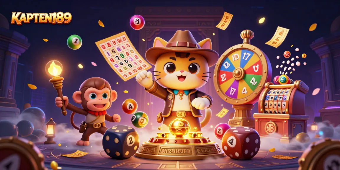 KAPTEN189 tunjukkan keberuntungan dengan simbol slot dan artefak kasino yang berkilauan.