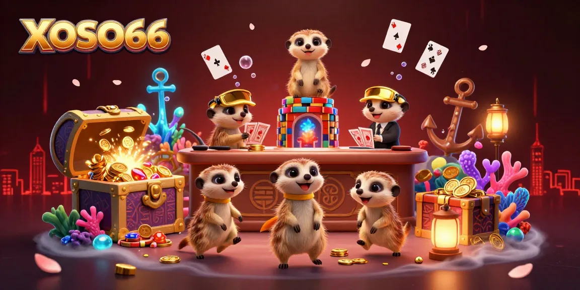 Experience the excitement of XOSO66 with meerkats managing a vibrant casino scene filled with treasures and games.