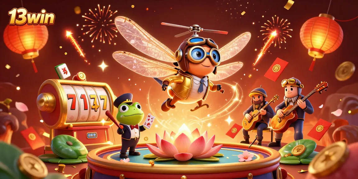 Engage with 13win's thrilling gaming atmosphere featuring vibrant characters and dynamic casino elements.