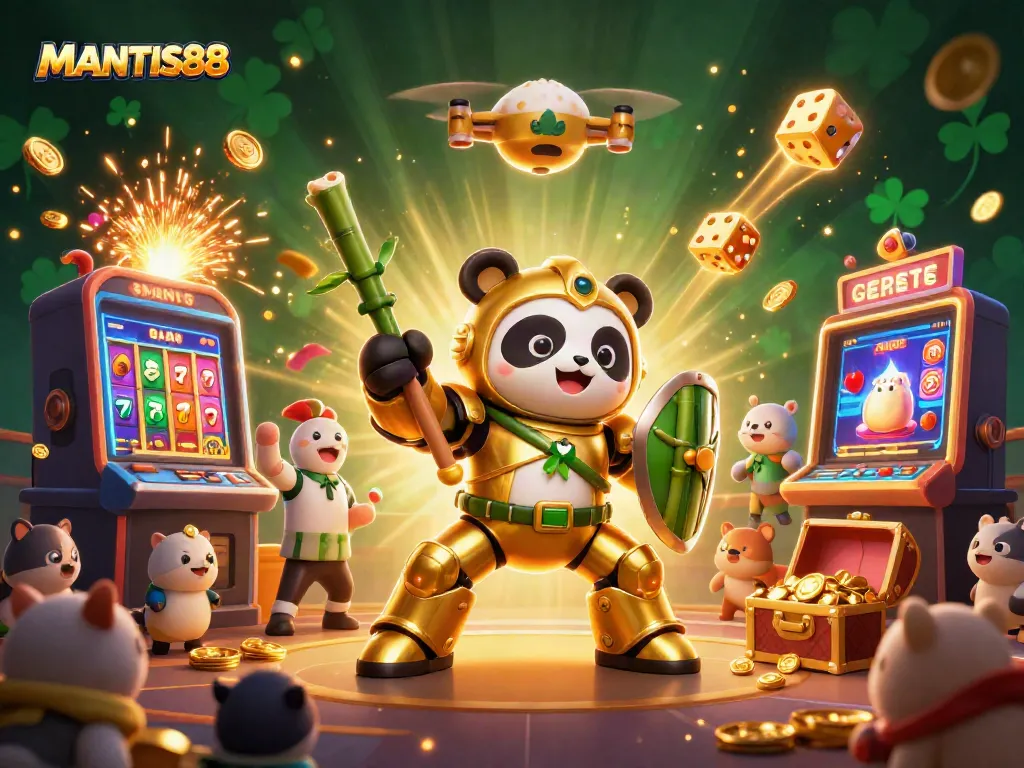 MANTIS88 gaming excitement showcased in a vibrant, cartoon-style casino scene with animated characters and rich casino elements.