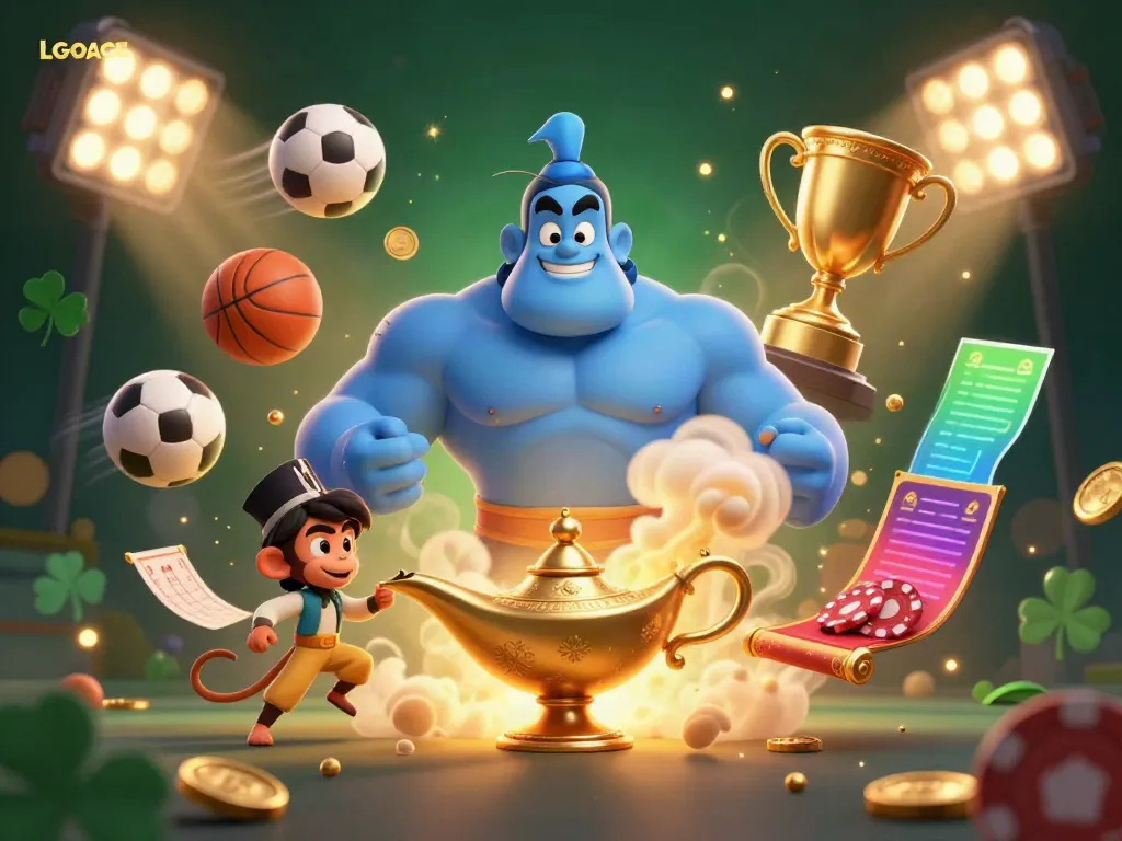 Engage with LGOACE's thrilling gaming experience featuring a genie, monkey, and magic carpet amidst a dynamic casino scene.