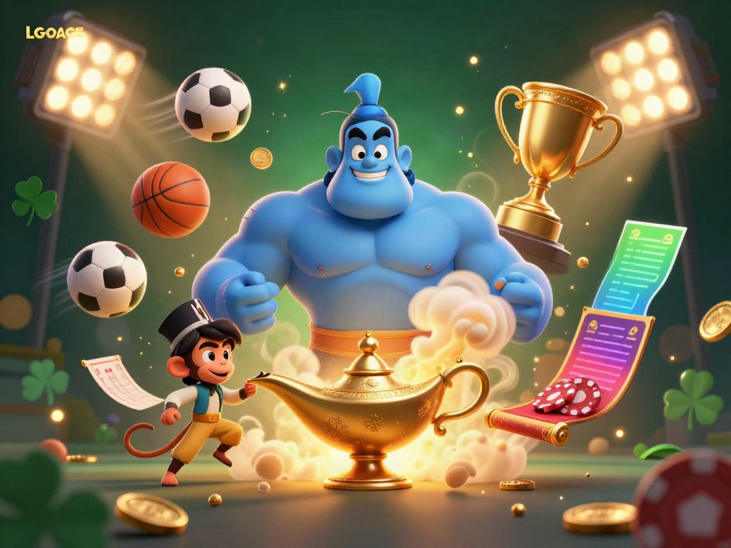 Engage with LGOACE's thrilling gaming experience featuring a genie, monkey, and magic carpet amidst a dynamic casino scene.