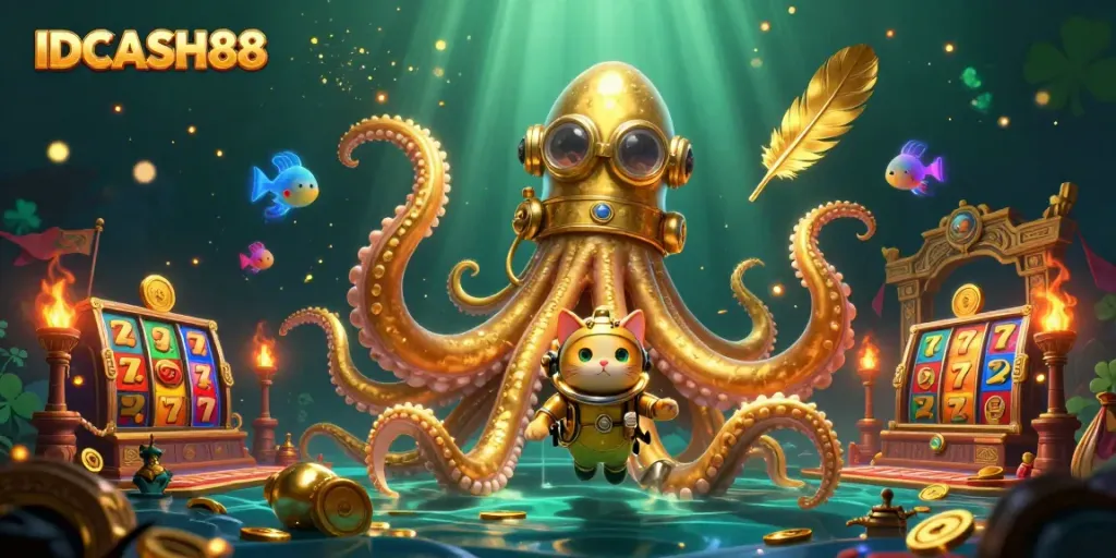 Join the adventure with IDCASH88 as the kraken defends treasure in a vibrant casino scene.
