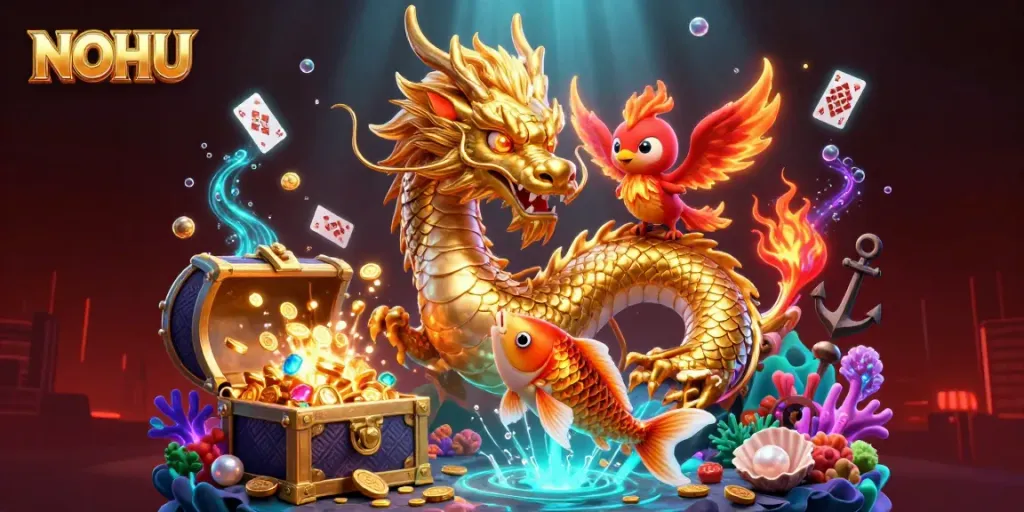 Experience thrilling gameplay at NOHU with a dazzling 3D illustration featuring mystical creatures.