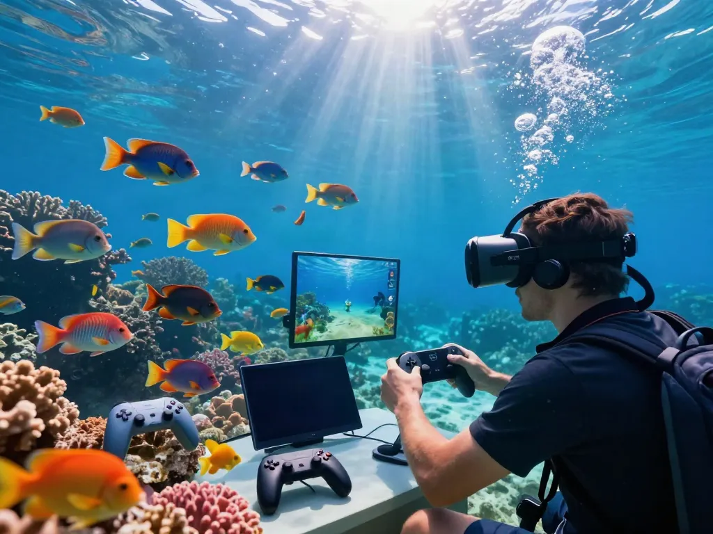 Engaging scene of a player in virtual reality gaming while exploring lại là Bắn cá đổi thưởng underwater, surrounded by colorful fish and coral.