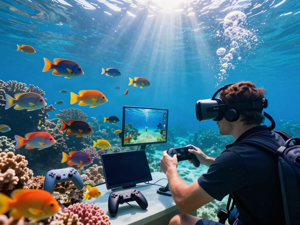 Engaging scene of a player in virtual reality gaming while exploring lại là Bắn cá đổi thưởng underwater, surrounded by colorful fish and coral.