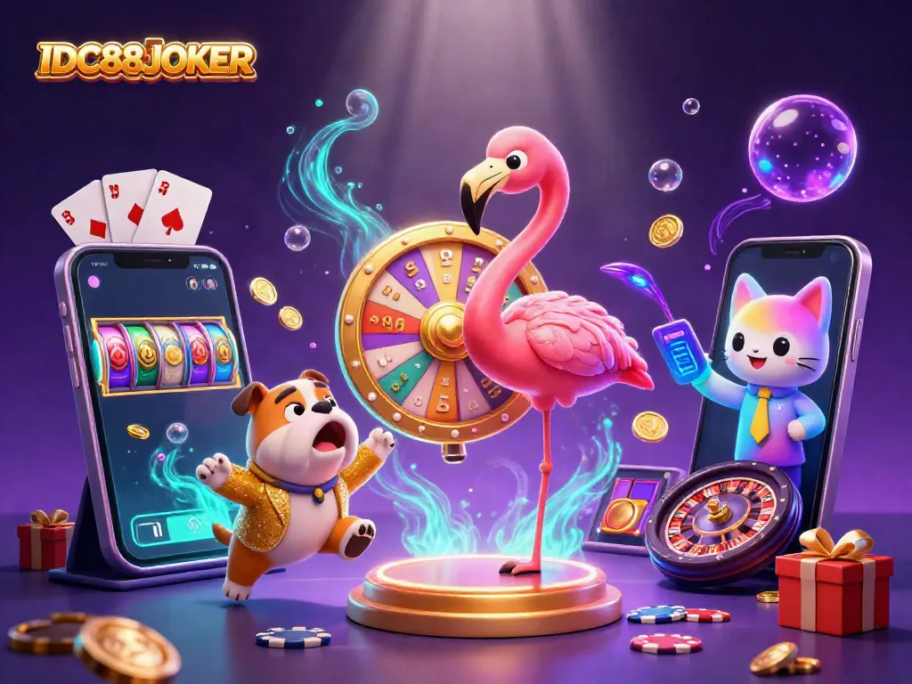 Experience excitement with IDC88JOKER's vibrant 3D scene featuring a game show host and thrilling casino elements.
