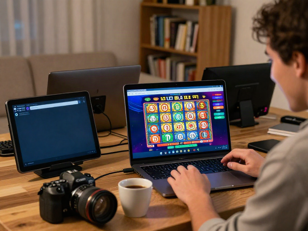 Pengalaman perjudian online menarik dengan totowin88, seseorang bermain di laptop.