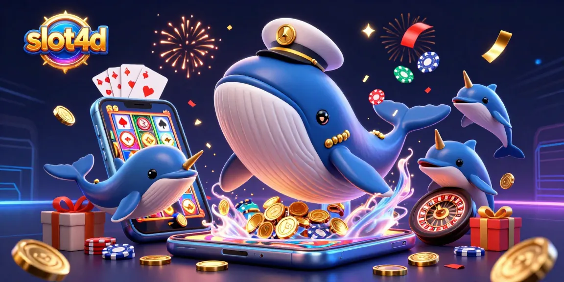 Menggandakan kesenangan bermain slot4d dengan ilustrasi lumba-lumba dan paus dalam suasana kasinor penuh koin emas.