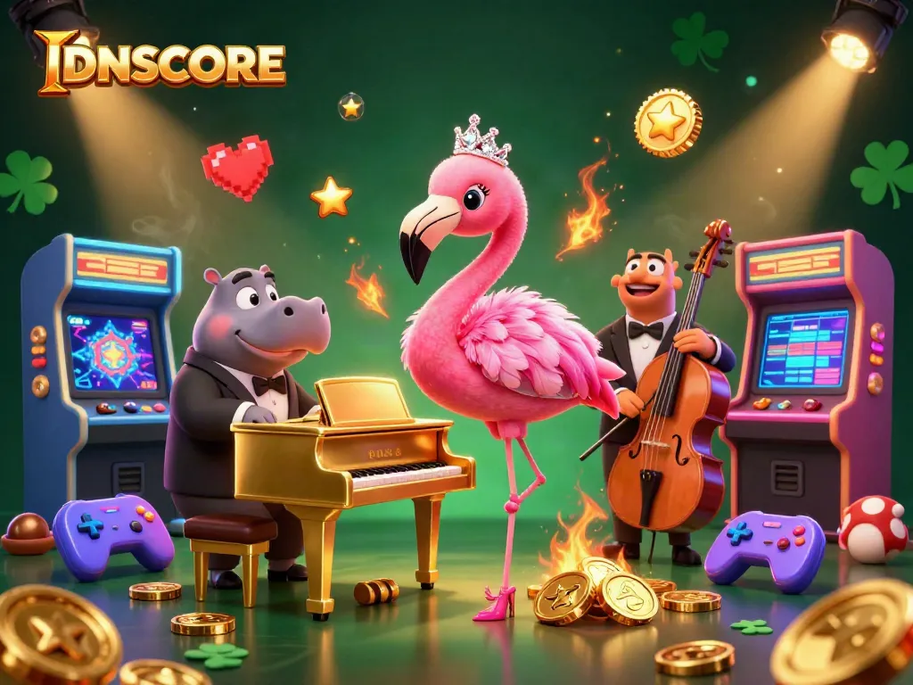 Join the action at IDNSCORE with a vibrant casino scene featuring colorful characters and gaming elements.