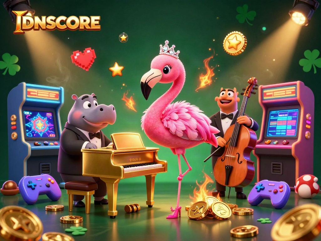 Join the action at IDNSCORE with a vibrant casino scene featuring colorful characters and gaming elements.