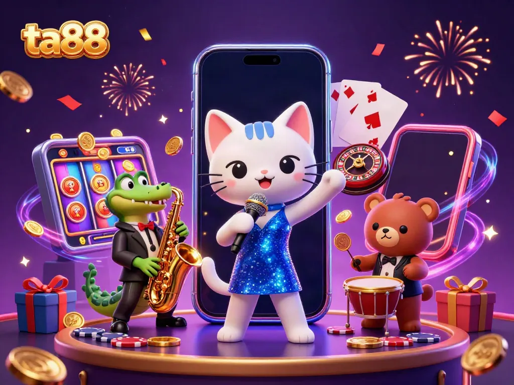 Celebrate with ta88: cartoon characters perform amidst vibrant casino-themed graphics.