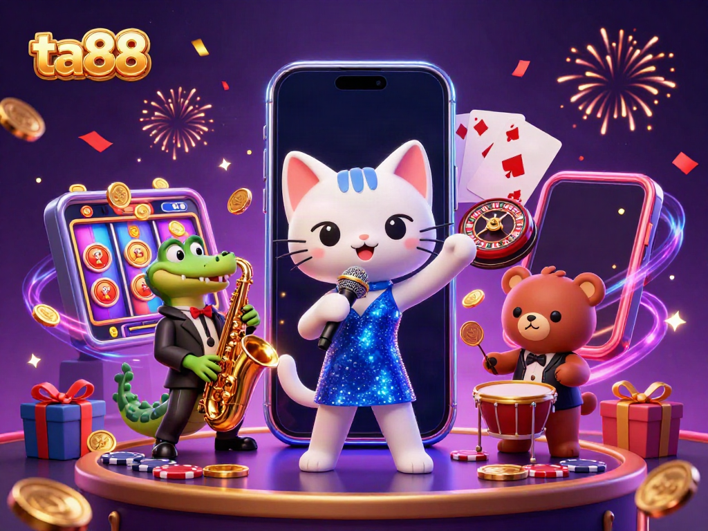 Celebrate with ta88: cartoon characters perform amidst vibrant casino-themed graphics.