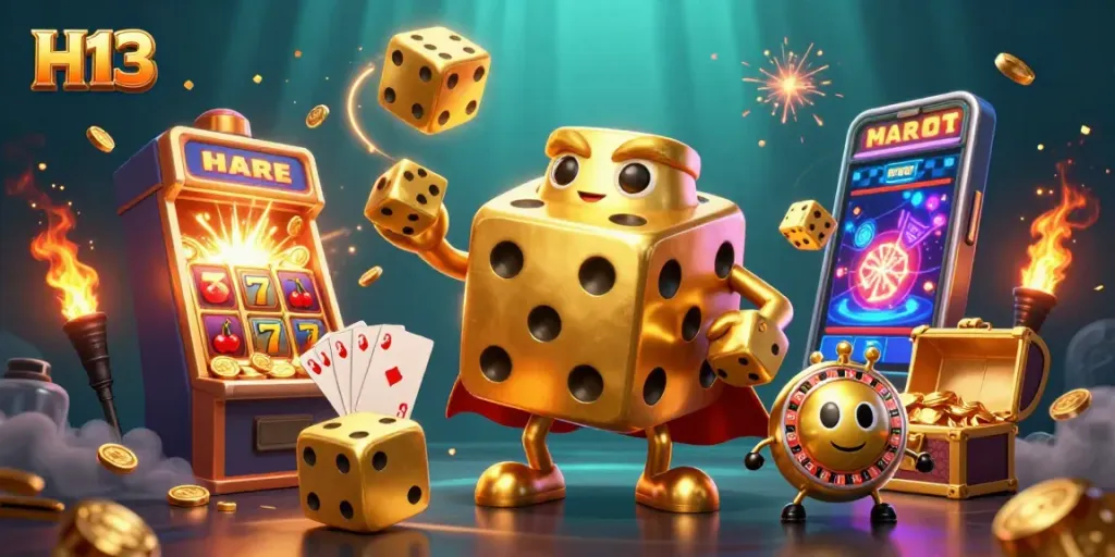 Engage with H13, the golden dice golem, amidst a jackpot explosion in the vibrant casino scene.