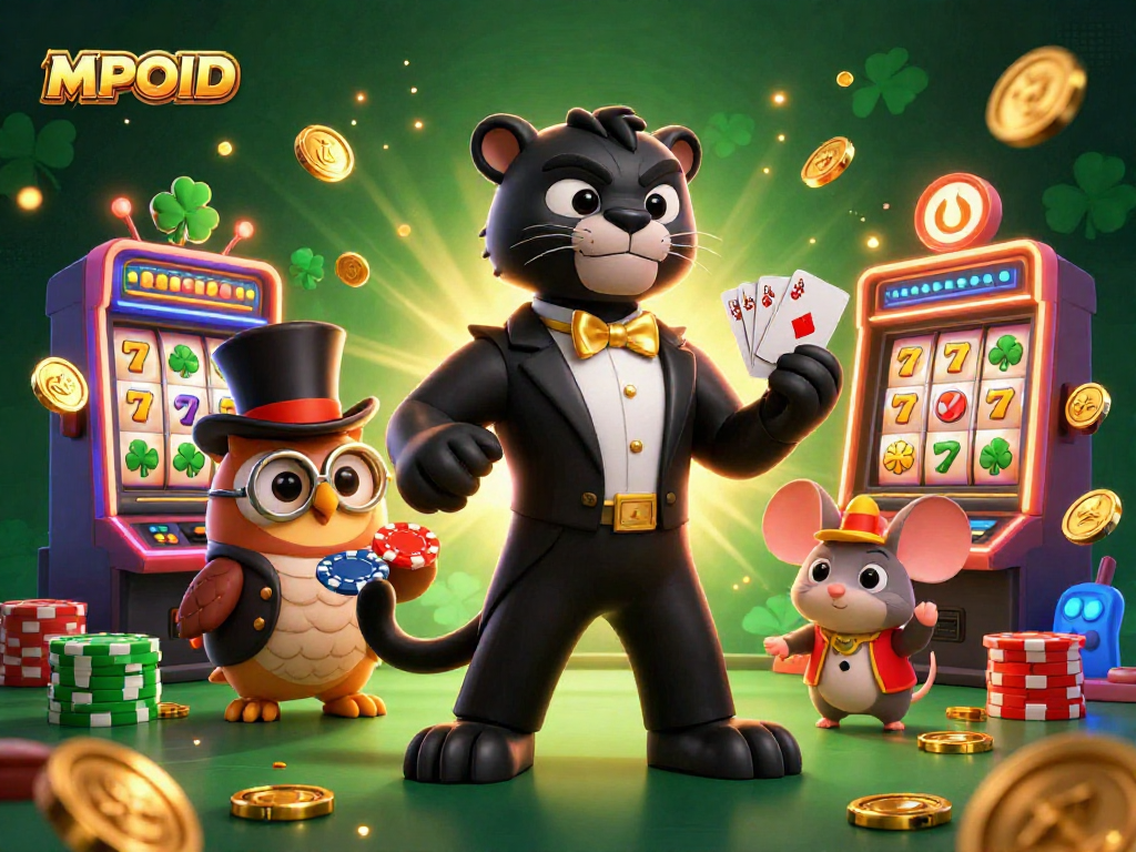 Experience thrilling gameplay with MPOID as the stylish panther deals cards in a vibrant casino setting.