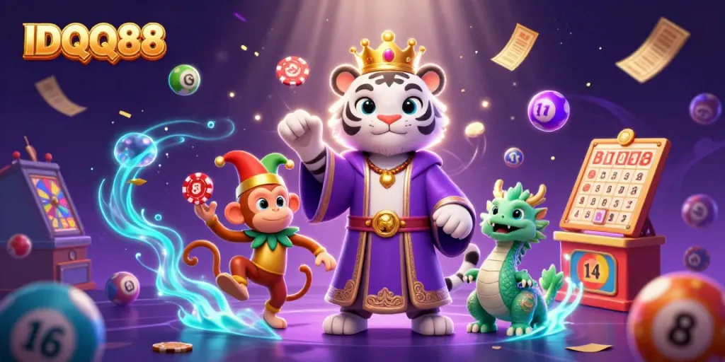 Join the fun with IDQQ88's exciting casino scene featuring a white tiger, a golden monkey, and vibrant gaming elements.