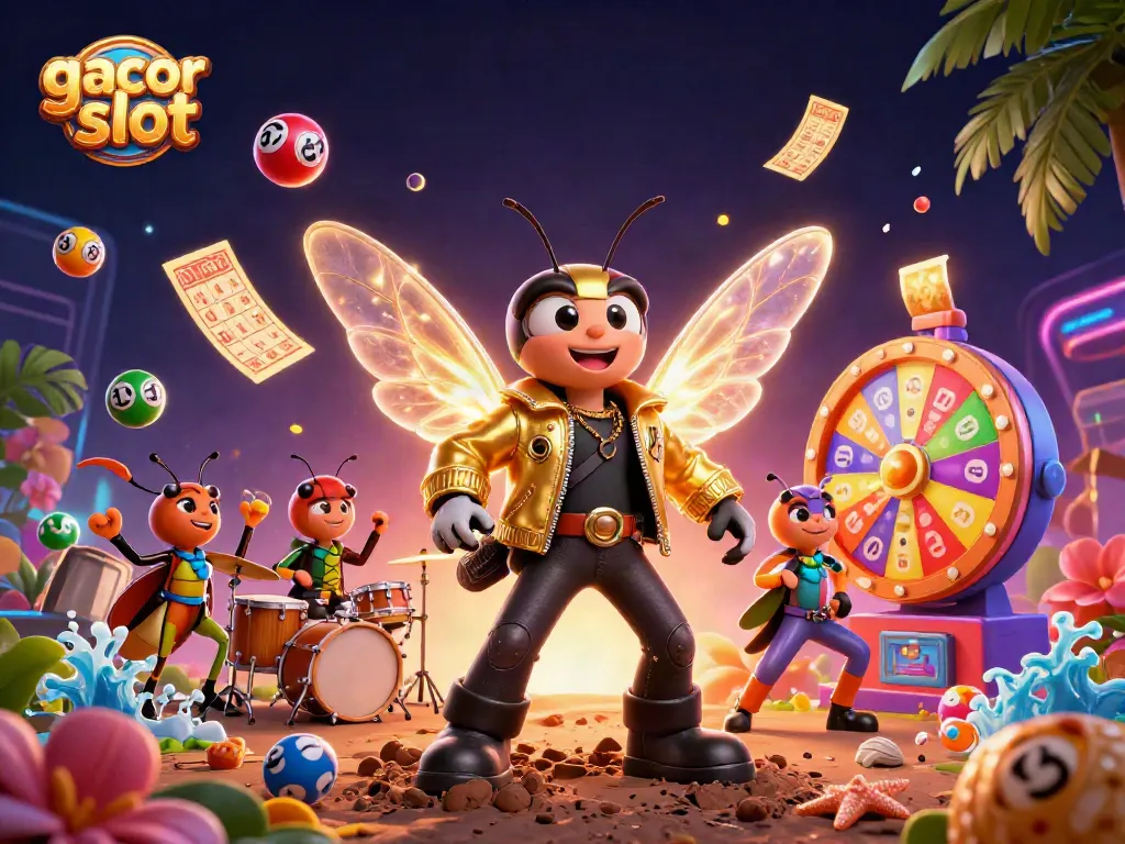 Spin to win with gacor slot in this vibrant 3D casino illustration featuring lively characters!