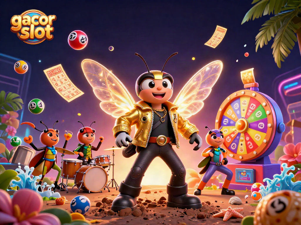 Spin to win with gacor slot in this vibrant 3D casino illustration featuring lively characters!