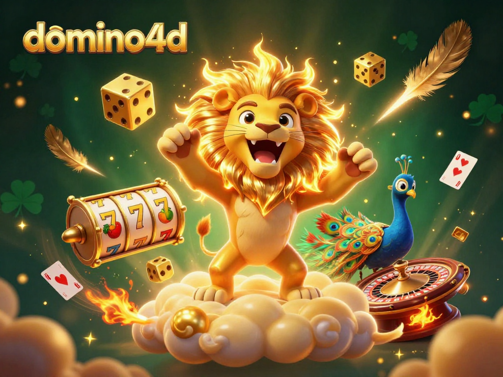 Menangkan taruhan di domino4d dengan ilustrasi singa matahari yang mengagumkan dan elemen kasino menakjubkan.