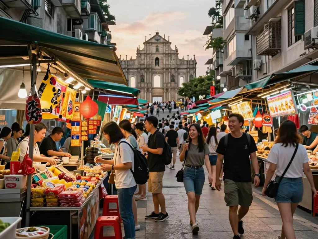 Bandar Toto Macau di pasar malam yang ramai dan berwarna-warni dengan suasana ceria.