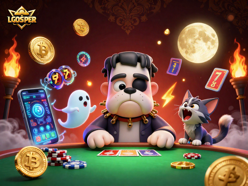 Engage with the captivating LGOSUPER gaming scene featuring creatures dealing cards and floating elements at a spooky casino table.