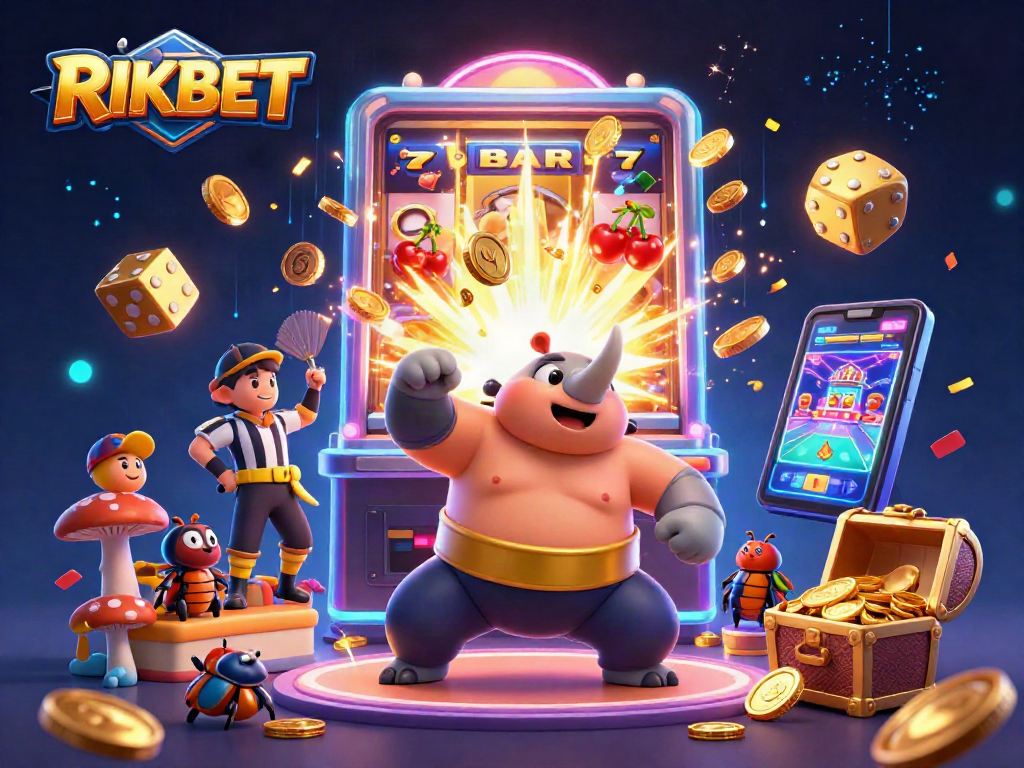 RIKBET captivates as a sumo beetle champ stomps gold coins amidst a vibrant casino scene.