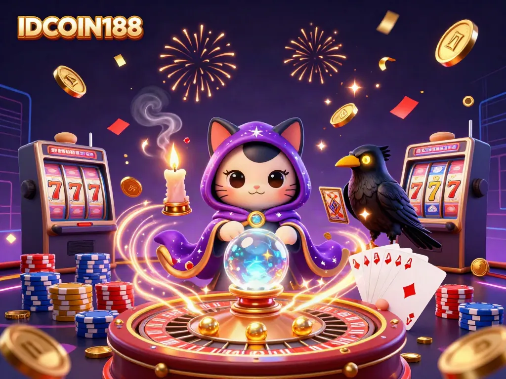 Experience the thrilling world of IDCOIN188 with a vibrant 3D illustration of a mystical fortune teller cat and a raven surrounded by casino elements.