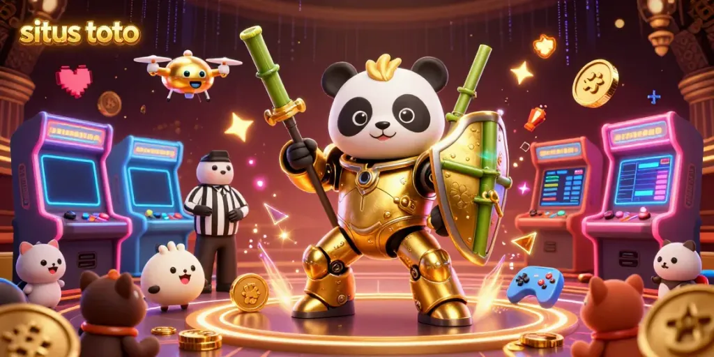 Experience thrilling gameplay with the golden panda mech as it leads the action at situs toto's vibrant arcade arena.