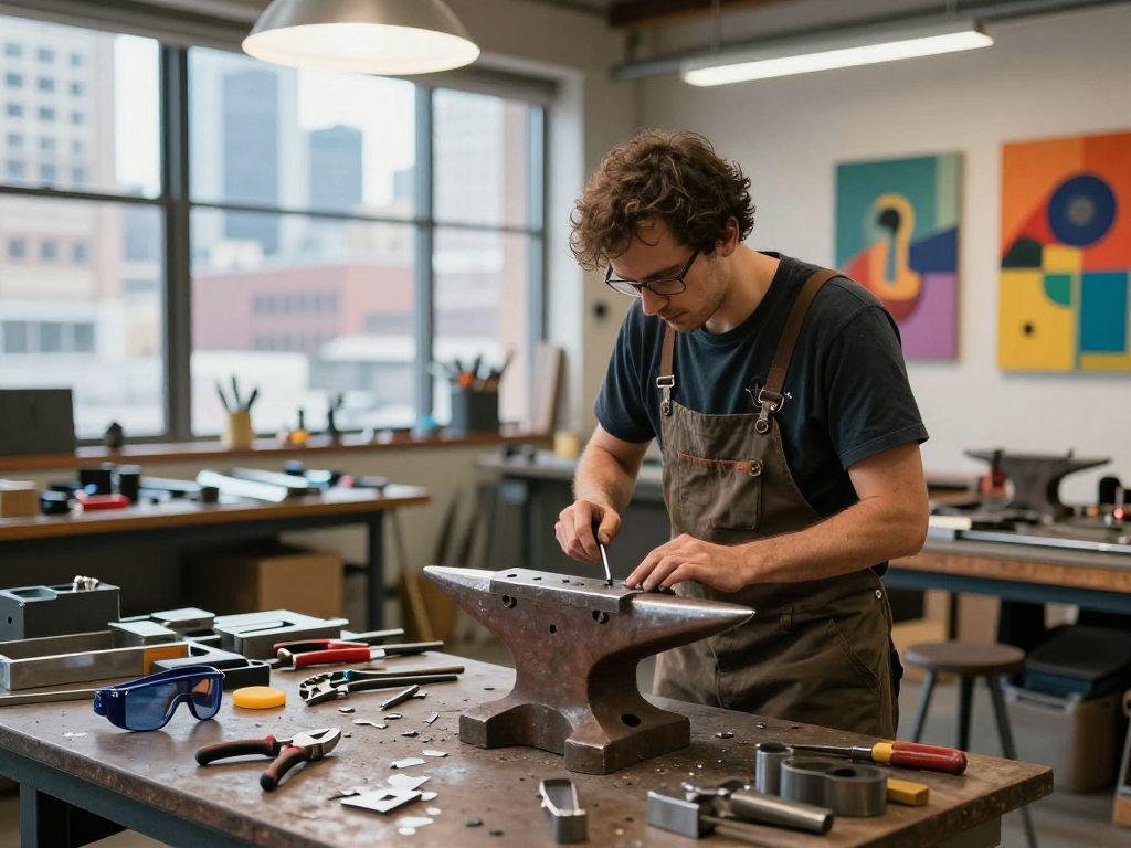 Artisan menggunakan martil4d di bengkel urban yang kreatif dan modern.