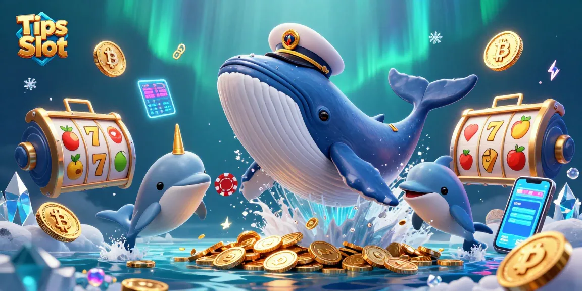 Engage with Tips Slot strategies through a vibrant 3D illustration of a whale, narwhal, and dolphins amid slots.