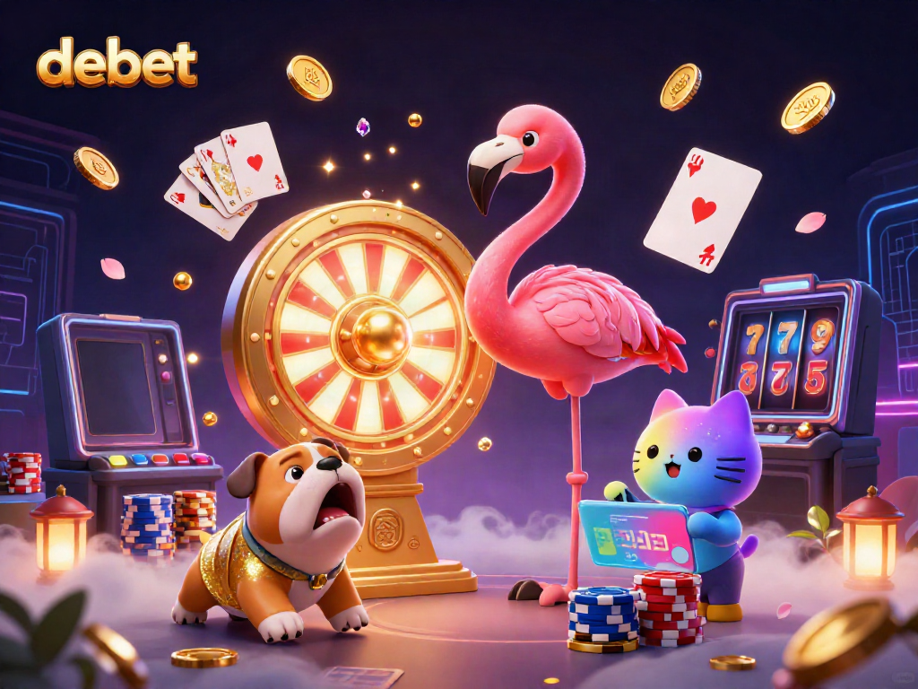 Experience the thrill of debet gaming with this vibrant 3D casino scene featuring a game show host, a bulldog contestant, and exciting prizes.