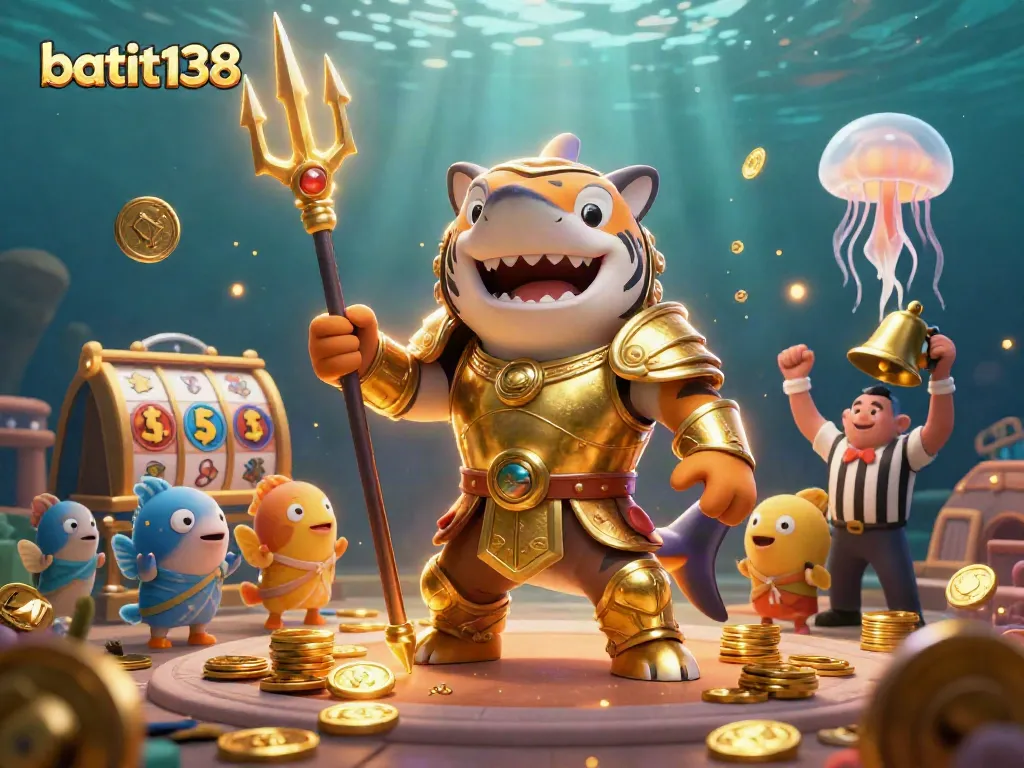 Permainan slot bertema batik138 dengan hiu kartun bersenjata trident yang memimpin arena bawah laut.